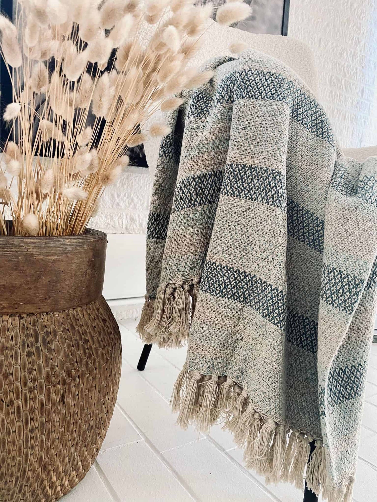 Tæppe genanvendt bomuld – grøn/blå mix - VIAMAJA.DK