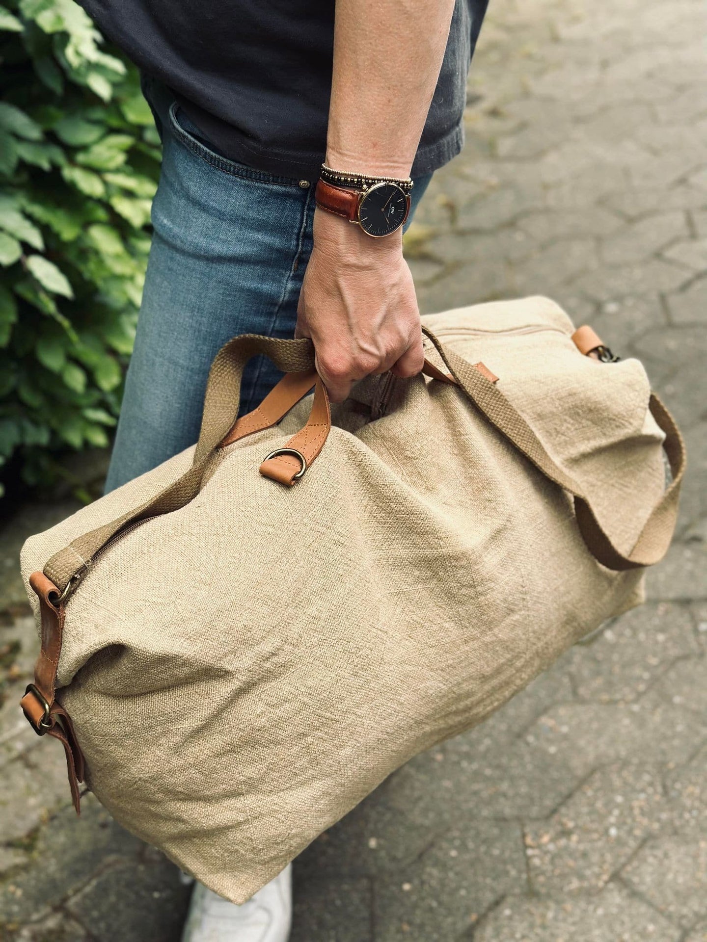 Weekendtaske - WASHED JUTE BEIGE - VIAMAJA.DK