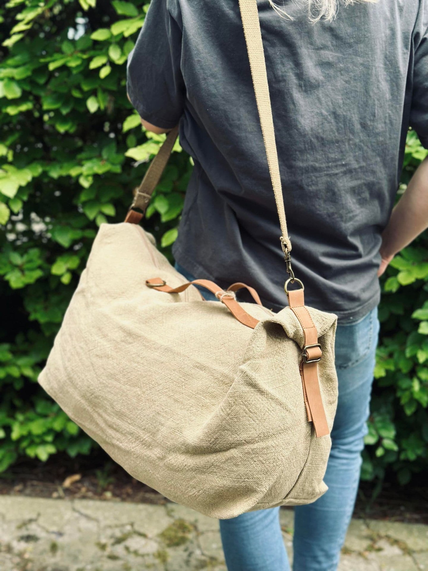 Weekendtaske - WASHED JUTE BEIGE - VIAMAJA.DK