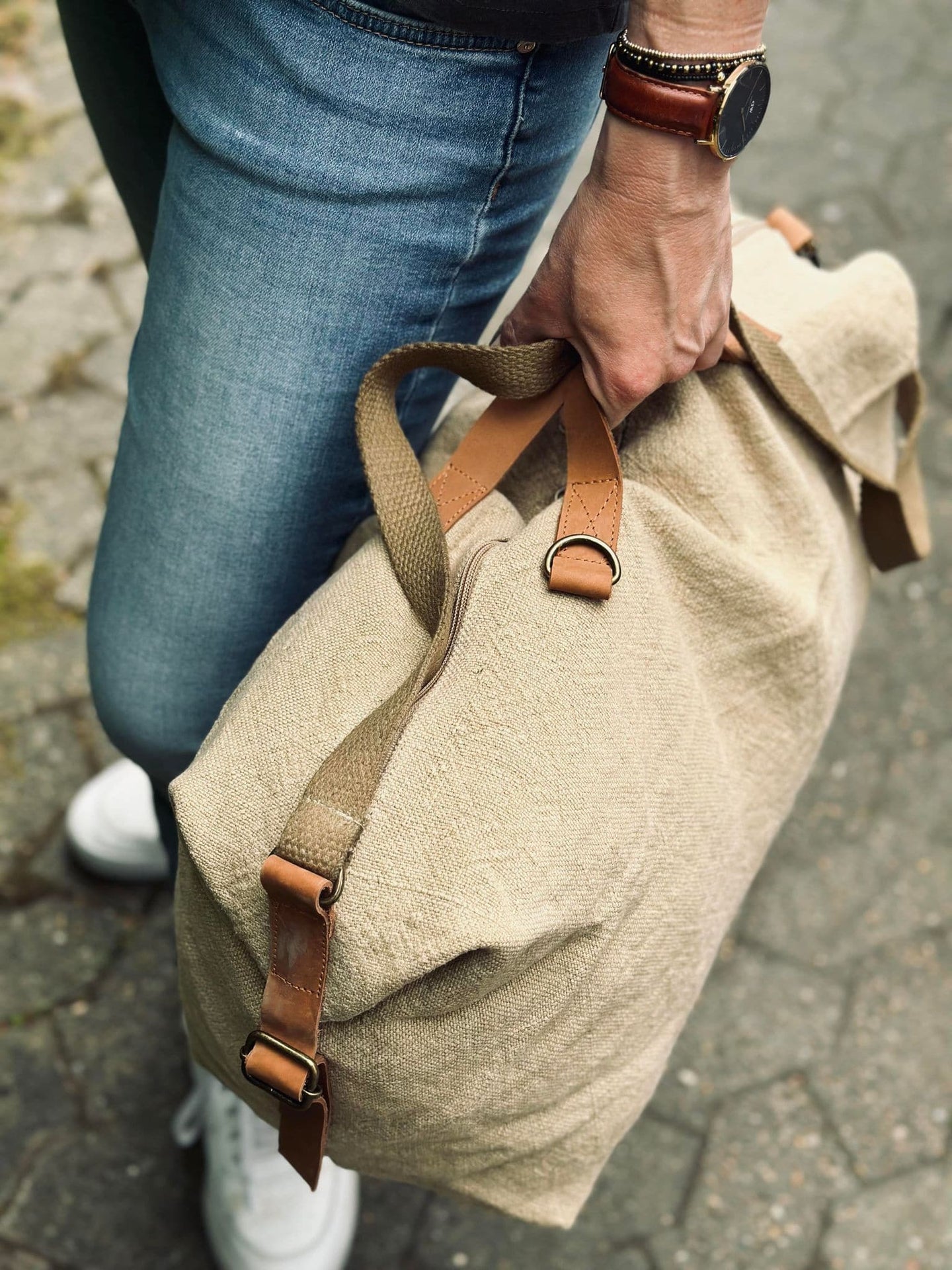 Weekendtaske - WASHED JUTE BEIGE - VIAMAJA.DK